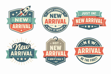 Fototapeta premium New arrival badge collection for promotion and marketing, featuring vintage style labels for retail banners and stickers