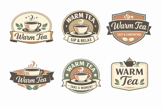 Set of retro warm tea logos with steaming cups and teapots, offering brand identity for tea houses, shops, and comforting drinks