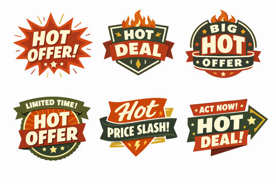 Hot sales offer and big discount deal vector badges set promoting special limited time prices