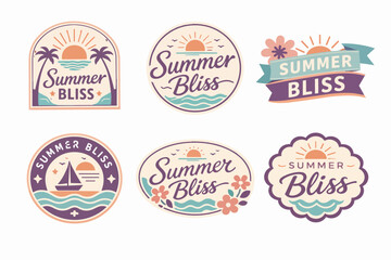 Obraz premium Summer bliss badge collection featuring beach, sun, palm trees, ocean waves, and sailboat in a retro style