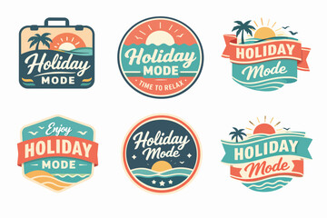 Fototapeta premium Holiday mode badges collection featuring retro summer vacation and travel themed emblems with tropical beach illustrations