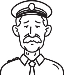 Obraz premium Hand Drawn Elderly Police Officer Man Black and White Illustration in Minimal Line Art Style Design