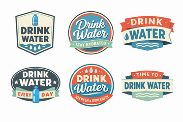 Fototapeta premium Collection of vintage-style badges promoting drinking water for hydration, wellness, and a healthy lifestyle