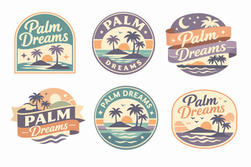 Obraz premium Collection of palm dreams vintage tropical design elements with vacation concept, island sunset, ocean waves, and palm trees