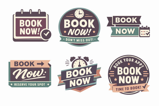 Book now labels collection offering diverse call to action buttons for online reservation and appointment scheduling