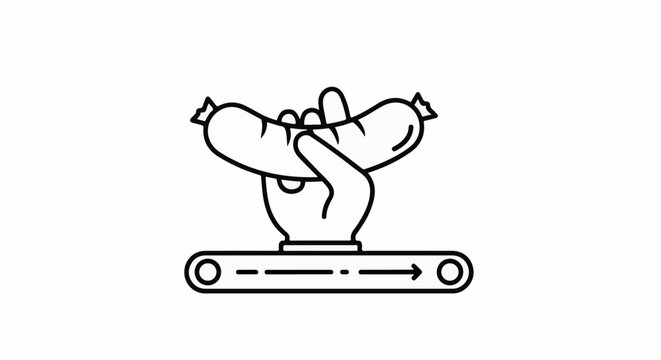 Hand holding a sausage over a conveyor belt