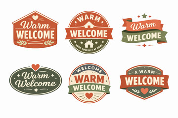 Obraz premium Collection of warm welcome badges and labels in vintage style, presenting hospitality and cheerful greetings