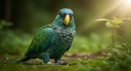 Naklejka premium Colorful Green Parrot Sitting in Natural Forest Habitat