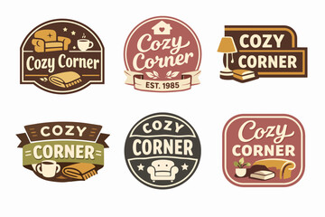 Obraz premium Set of cozy corner branding logos featuring cozy elements like sofas, coffee, blankets, lamps, and books in a retro style