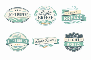 Fototapeta premium Collection of nautical and coastal emblems with ocean waves, stars, wind, and ribbons, representing light breeze concepts