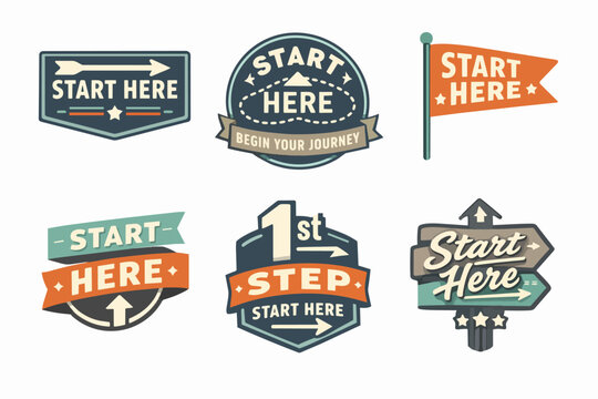 Collection of start here signs, labels, icons and badges for beginning a journey or new adventure