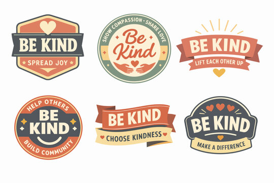 Be kind themed badges and labels promoting kindness, compassion, helping others, and building community