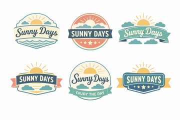 Fototapeta premium Collection of sunny day vintage summer badges with sun, clouds, and typography on ribbons for vacation concepts