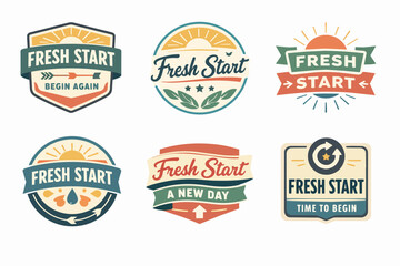 Obraz premium Fresh start concept badges collection representing new beginnings, dawn, opportunity, renewal, and motivational journey emblems