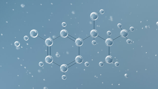 meta-hydroxynorephedrine molecular structure, 3d model molecule, sympathomimetic amine structural chemical formula view from a microscope