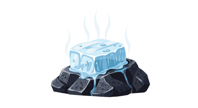 A large ice block with water droplets and steam is melting on a jagged dark grey rock against a white background.