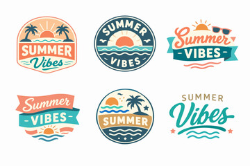 Fototapeta premium Collection of summer vibes emblems and badges with tropical elements, sun, palm trees, and ocean waves for seasonal designs