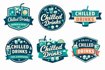 Fototapeta premium Chilled drinks badges and labels collection featuring refreshing beverages, cold cocktails, and ice cube illustrations
