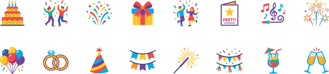 party celebration and festive event icons set, birthday cake balloons confetti gift fireworks music dance holiday festival party decoration vector flat icon collection isolated on transparent backgr © Maksym