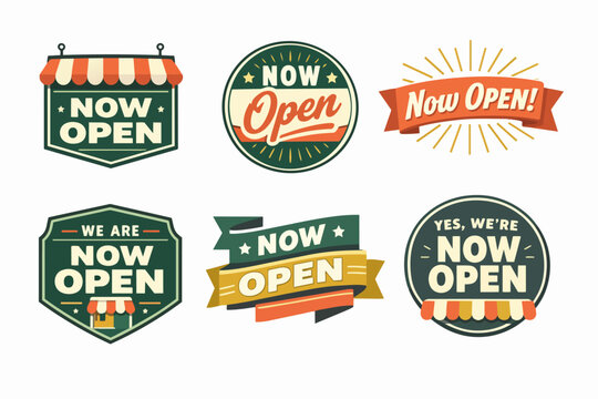 Now open signs bundle collection for retail business, shops reopening, and special announcements