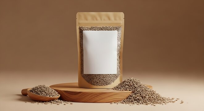 A brown resealable pouch with a white label standing on a wooden board surrounded by cumin seeds and a wooden spoon on a beige background