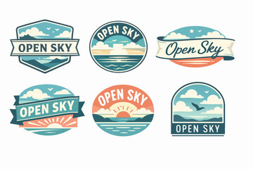 Obraz premium Open sky text on a collection of vintage badges showing landscape elements like mountains, sea, clouds, and rising sun
