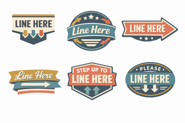 Obraz premium Vintage line here stickers and floor signs, showing social distancing markers and direction arrows