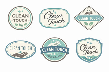Obraz premium Clean touch hygiene product labels and logos collection with hand washing, sanitizer, and natural concepts
