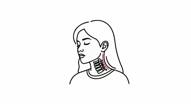 Line drawing of a woman's head showing neck bones and a red mark
