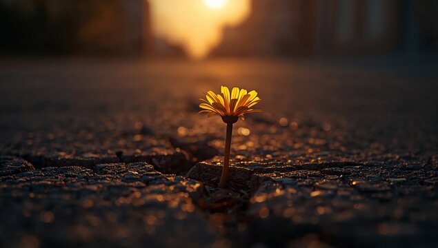 Resilient Flower Growing Through Cracks in Urban Street at Sunset