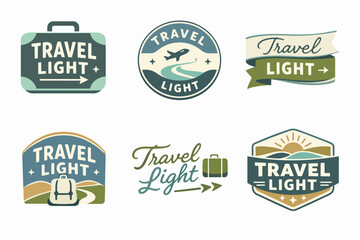 Obraz premium Set of minimalist vintage travel light badges with luggage, airplane, backpack, road, and sun themes
