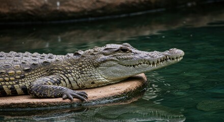 Obraz premium Resting crocodile on rock by calm green water in natural habitat