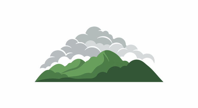 Green mountains shrouded in soft, white, and grey clouds