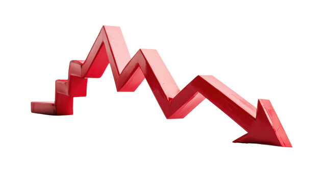 Red downward arrow symbol isolated on transparent background business decline concept financial loss decrease trend market crash negative growth indicator 3d render