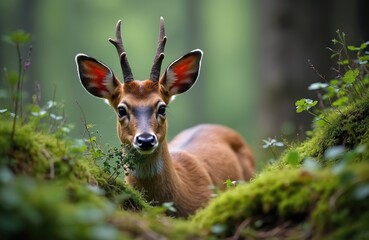 Fototapeta premium Young male roe deer with small antlers rests in rich green forest undergrowth. This shy cervid looks towards camera eating plants on mossy ground. Wildlife mammal in summer woods.