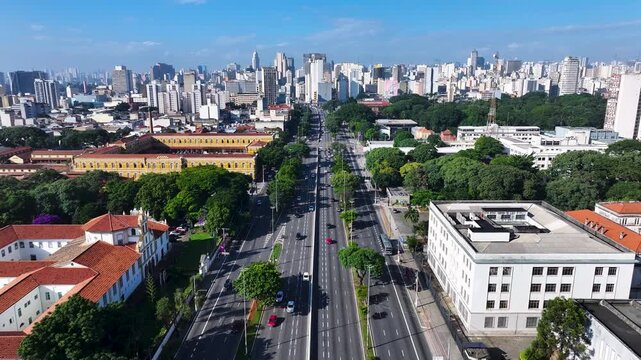 Sao Paulo Skyline In Sao Paulo Brazil. Amazing Skysrapers And Traffic On Street Viewed From Above. Business Clouds Sky Downtown Cityscape. Exterior Downtown Up Above. Sao Paulo Brazil.