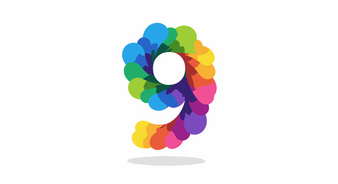 Colorful number nine formed by overlapping abstract shapes with a white circle center