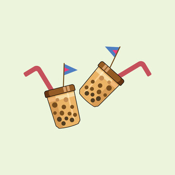 A charming flat illustration of two iced boba milk tea cups featuring chewy tapioca pearls, pink straws, and cute flags on a pale green background. Perfect for summer cafe menus and food blog decor