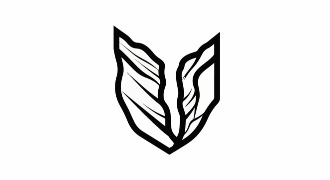 Stylized black and white outline of two abstract leaves forming a crest