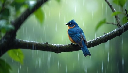 Fototapeta premium Small blue bird sits on wet tree branch during rainfall. Lush green forest foliage surrounds feathered creature. Nature scene, calm wildlife moment.