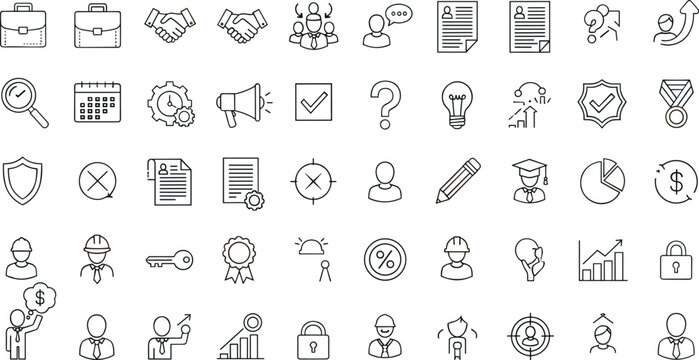 Business and corporate line icon collection featuring analytics communication security finance management and workflow symbols for professional use