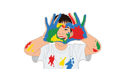 Naklejka premium Little boy smiling with his hands covered in bright paint and forming a heart shape to express creativity and love for art.