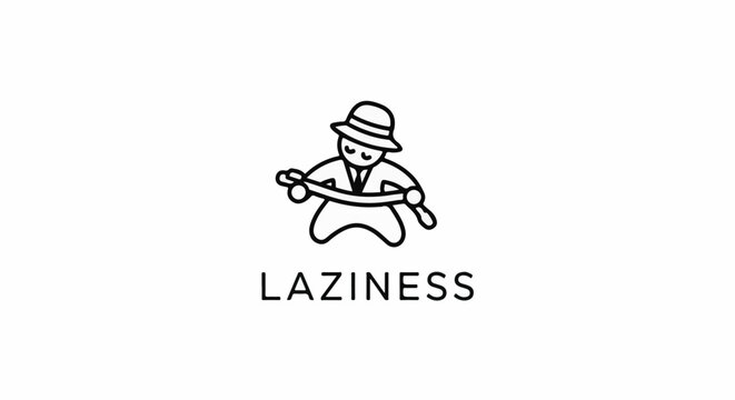Stylized illustration of a person in a hat holding a rope, with the word LAZINESS below