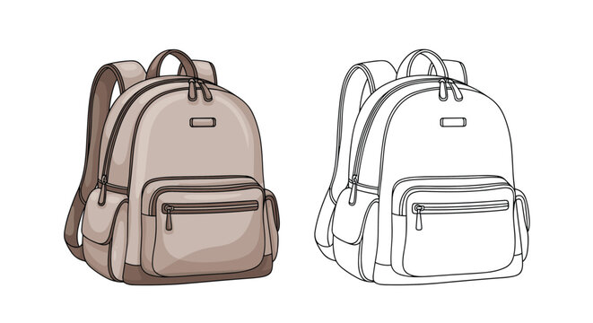 Comparison of a stylish beige backpack and its corresponding black and white line drawing illustrates design and form for fashion use.