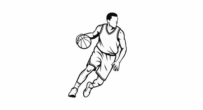 A graphic illustration of a male basketball player dribbling a ball