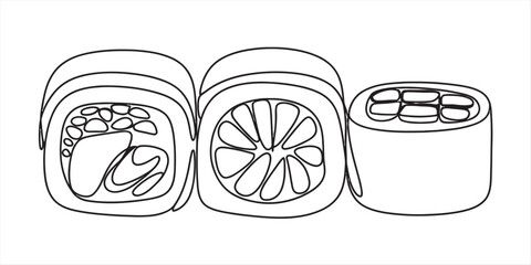 A simple black and white line art drawing featuring three distinct pieces of japanese sushi rolls Vector, illustration © Kanu Art_Gallery