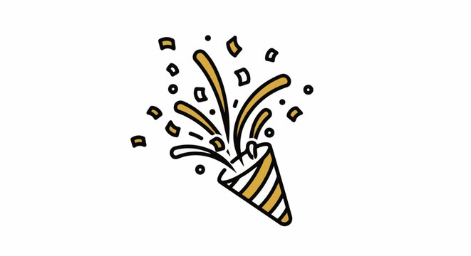 A cartoon-style image of a party popper exploding with confetti and streamers