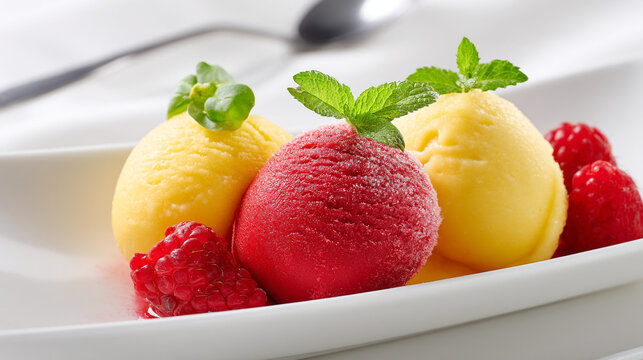 Scoops of colorful sorbet with fresh raspberries and mint