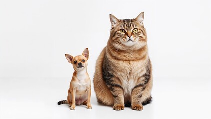 Obraz premium Adorable Cat and Small Dog Sitting Together on White Background