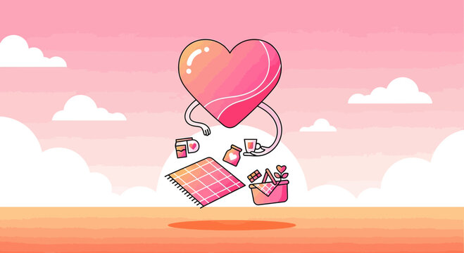 Heart Character Picnic on Sunset Sky Background